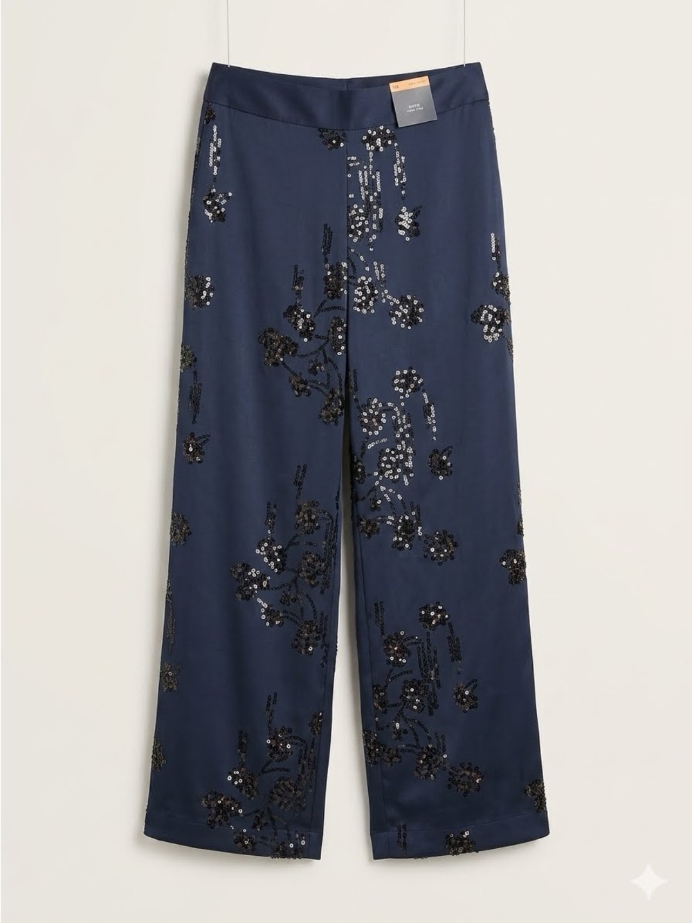 Embellished Navy Wide-Leg Pants